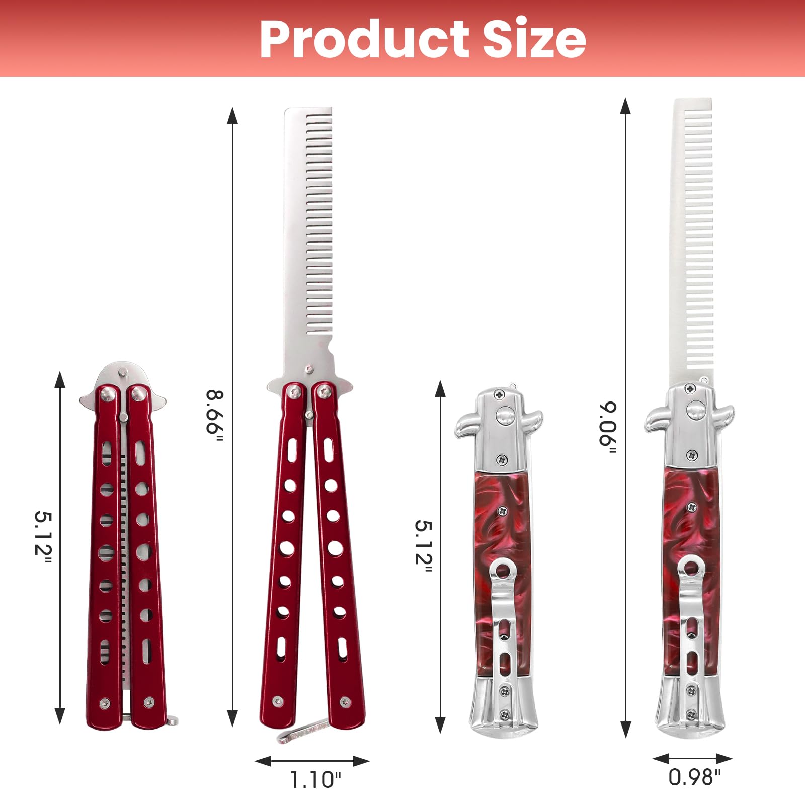 2 Pieces Automatic Folding Switch Combs, Stainless Steel Butterfly Comb, Hair & Beard Brush for Men - Red