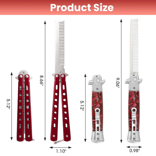2 Pieces Automatic Folding Switch Combs, Stainless Steel Butterfly Comb, Hair & Beard Brush for Men - Red
