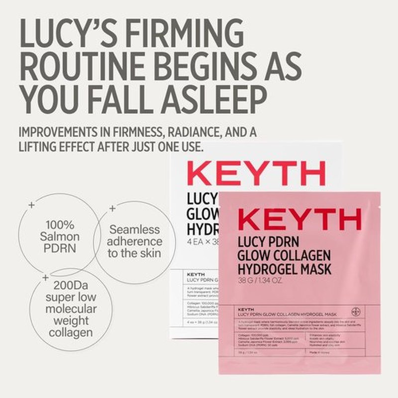 KEYTH Lucy PDRN Glow Collagen Hydrogel Mask - Deep Hydration & Skin Elasticity Boost | 4 Pack (1.34 oz Each)