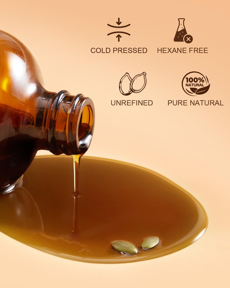 Yoken Pumpkin Seed Oil for Hair & Scalp Care, Glass Bottle, Unrefined, Cold-Pressed & Hexane-Free, Nourishes Hair, 100% Pure & Natural Pumpkin Oil for Skin & Body Massage, with Pump, 16 fl oz