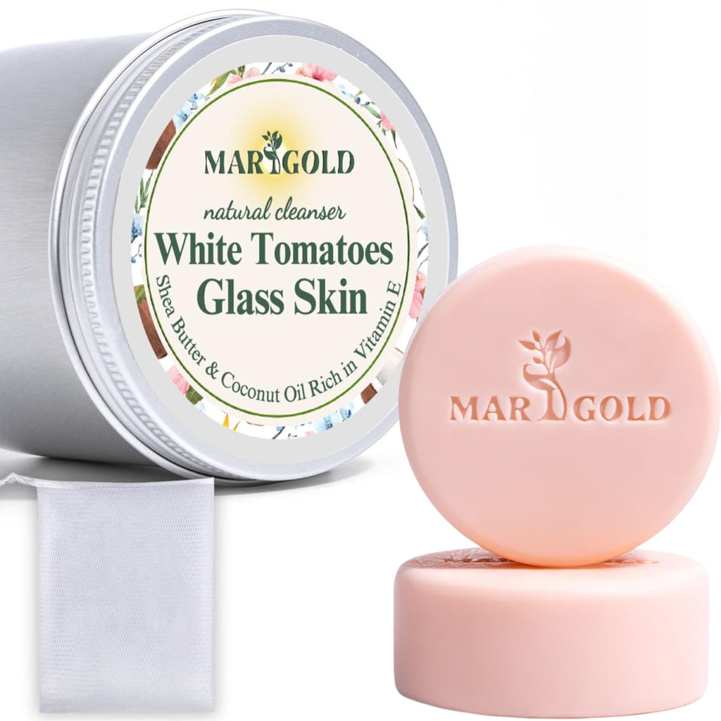 Marigold glow White Tomato Facial Cleansing Bar, hyperpigmentation soap glass skin face wash with Shea Butter Coconut Oil Vitamin E, Brightening Moisturizing Face Care, 3.5 Oz Pack of 2