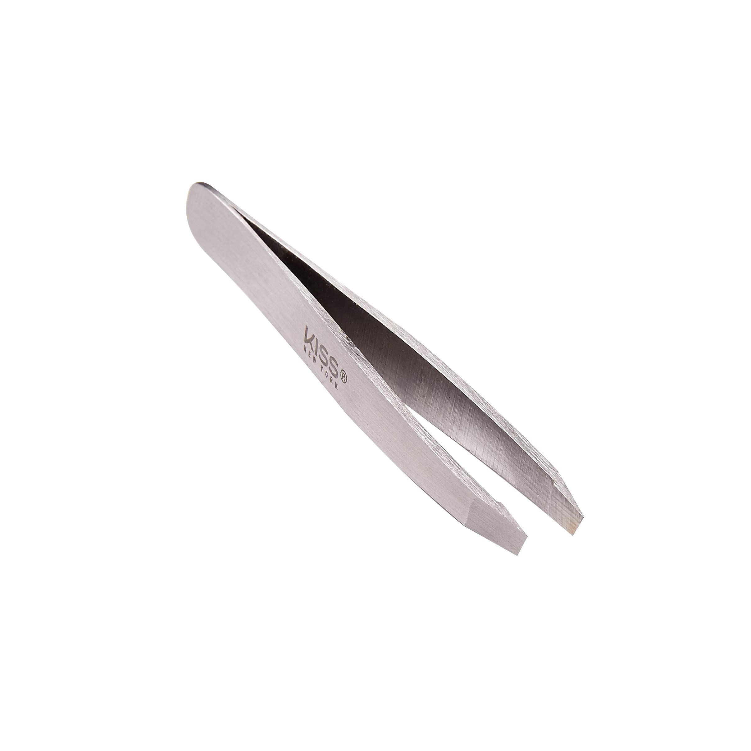 KISS NEW YORK Travel Size Slant Tip Tweezer with Pouch, Ultra-Fine Precision Tip, Stainless Steel (TWZ04)