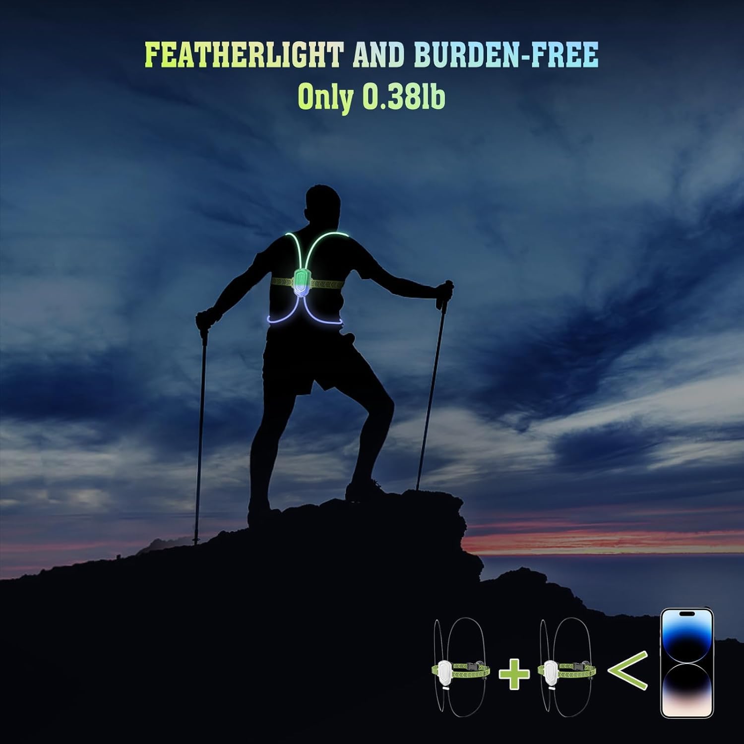 Crlincen LED Reflective Running Vest with Front Light, Running Lights for Runners Light Up Running Vest, Rechargeable & Adjustable Reflective Vest Women & Men(Multiple Colors Constantly Changing)
