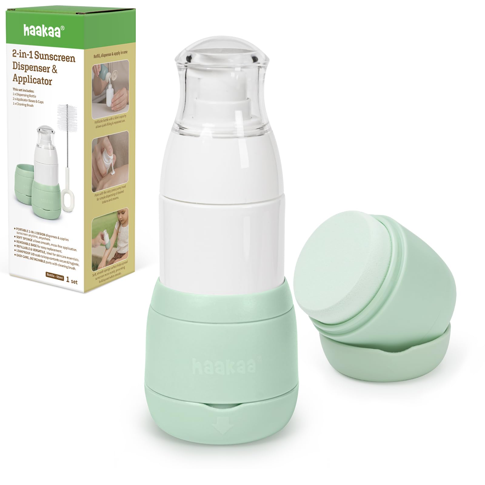 Haakaa Sunscreen Applicator for Kids, Refillable Pump Sunblock Dispenser with Soft Sponge Head, Leakproof Sunscreen Brush for Outdoor Travel, Park & Vacation, 1.7 oz, Extra Sponge Base Included