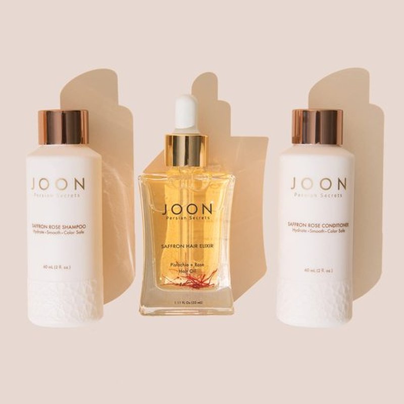 Joon Moisturizing Travel Size Gift Set - Saffron Hair Elixir (1.11 fl oz) & Shampoo/Conditioner (2 fl oz)