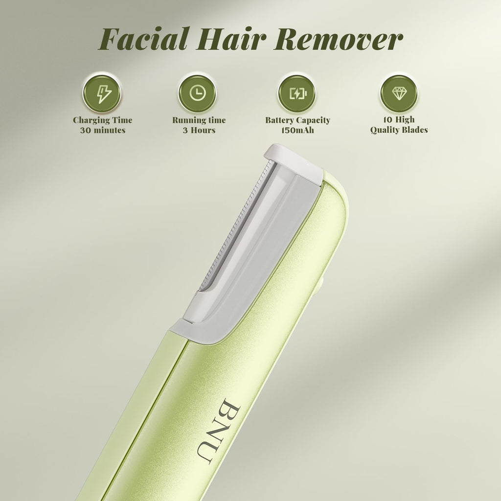 BNU Dermaplane Razor for Women, Face Razor for Women with 10 Replaceable Blades - Face Exfoliation Razor - Body Peach Fuzz Removal - Eyebrow Shaper - Sonic Edge Technology Dermaplaning Tool - Green