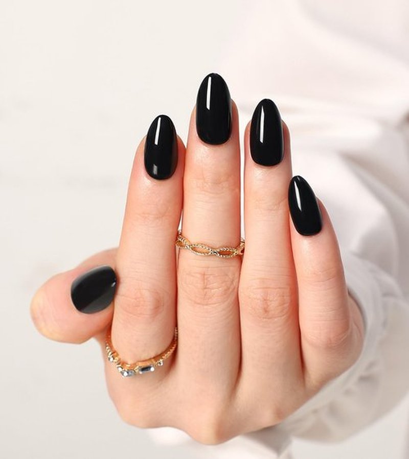 Morily Black Press on Nails Almond, 30Pcs Short Fake Nails Glossy Acrylic False Nails Reusable Full Cover Stick on Nails for Women, 15 Sizes, Thicker Fingertips