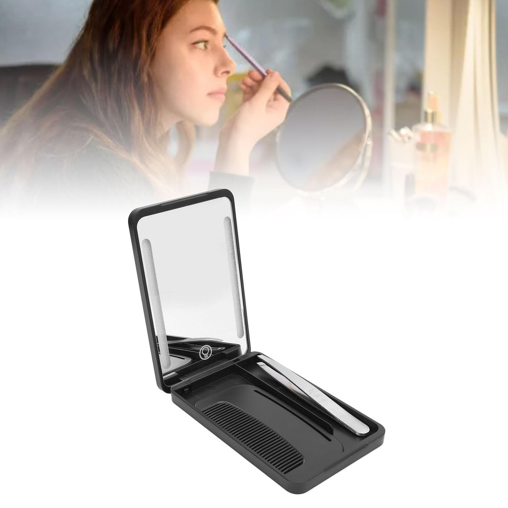 Yechiry LED Lighted Pocket Mirror, Rechargeable Compact Makeup Mirrorwith Travel Comb, Metal Eyebrow Tweezer & Smart Fill Light for Travel (Black)