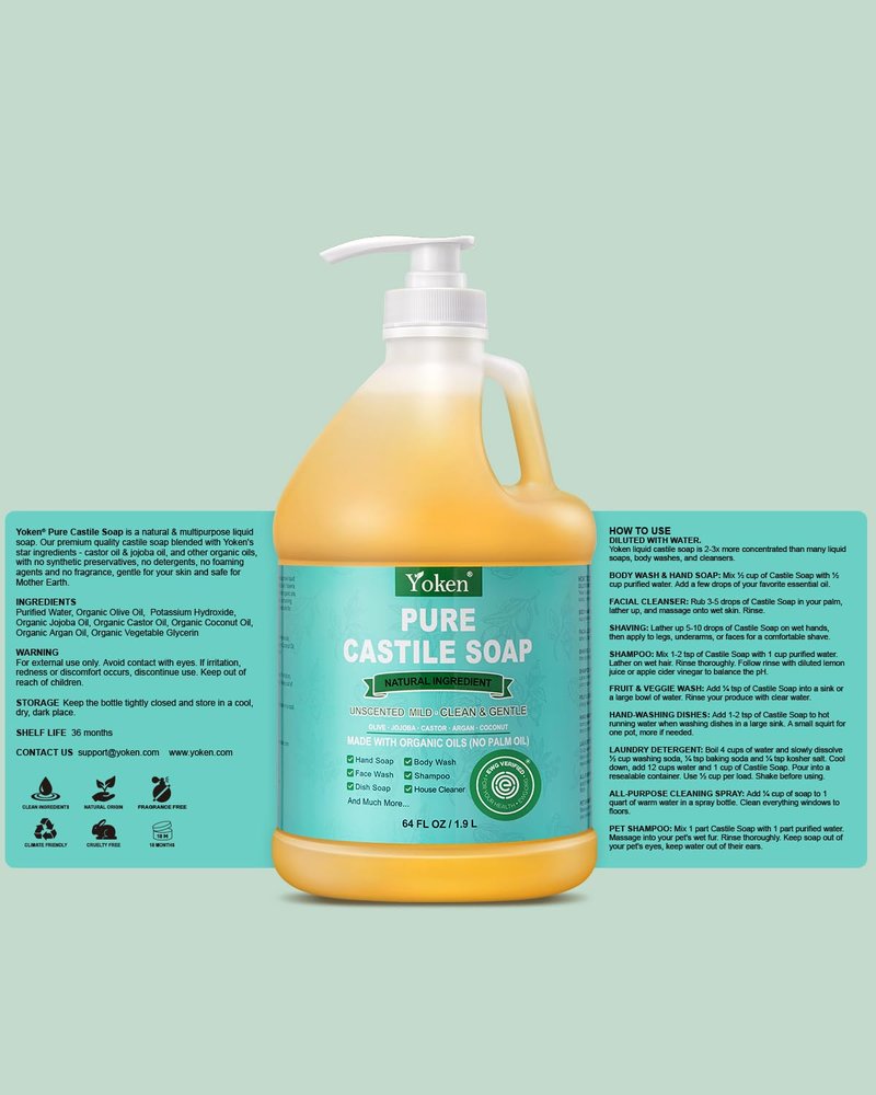 Yoken EWG Verified Organic Castile Soap Liquid (Unscented, 64 oz) Pure Castile Liquid Soap Made With Organic Oil, Clean & Gentle, Natural Castor Oil Soaps for Body & Face Wash, Hands, Dishes, Laundry