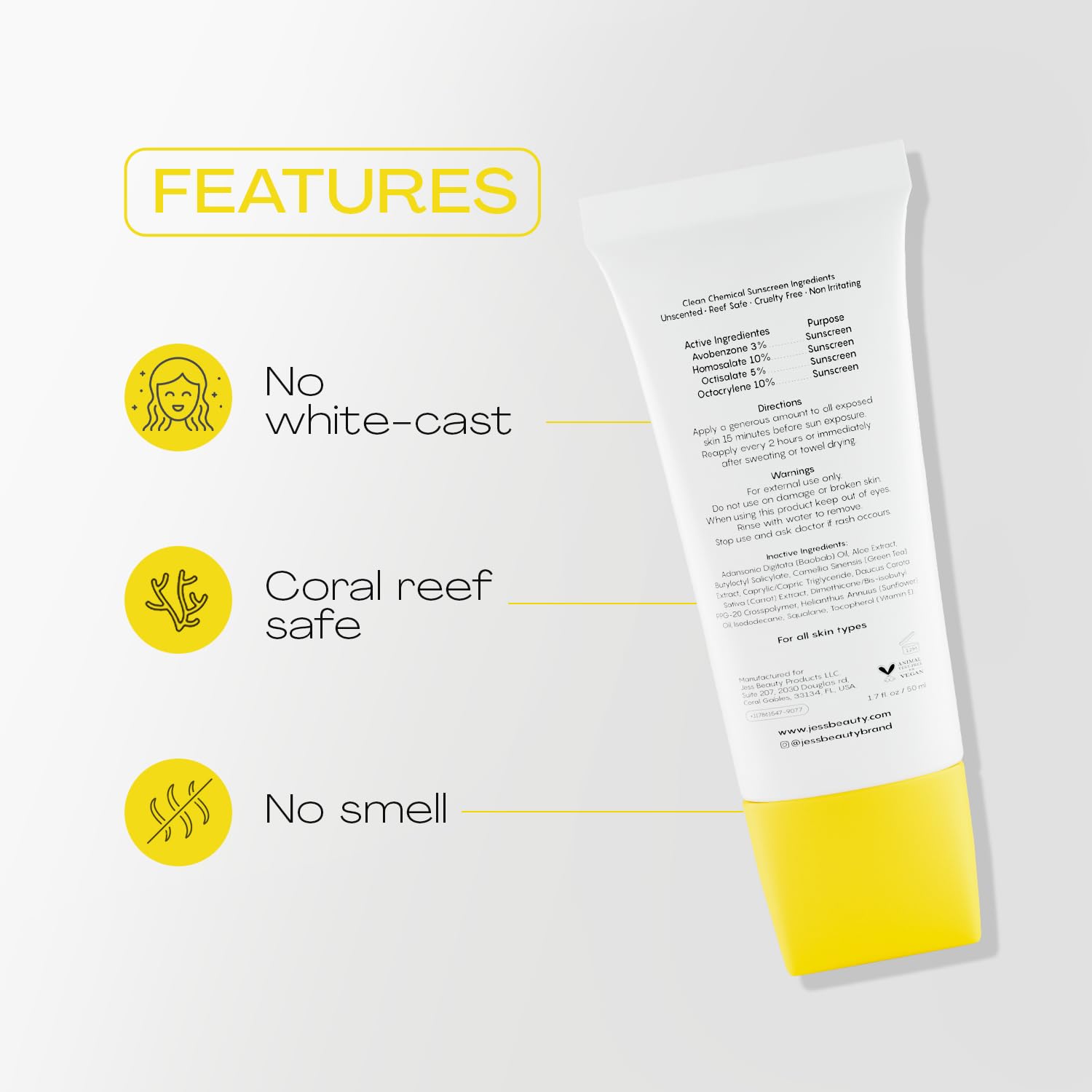 JESS BEAUTY | Let It Sun SPF 50 Gel Sunscreen | Lightweight Invisible Face Sunscreen with Green Tea, Aloe Vera & Squalane | Broad Spectrum UV Protection with No White Cast 1.7 fl oz