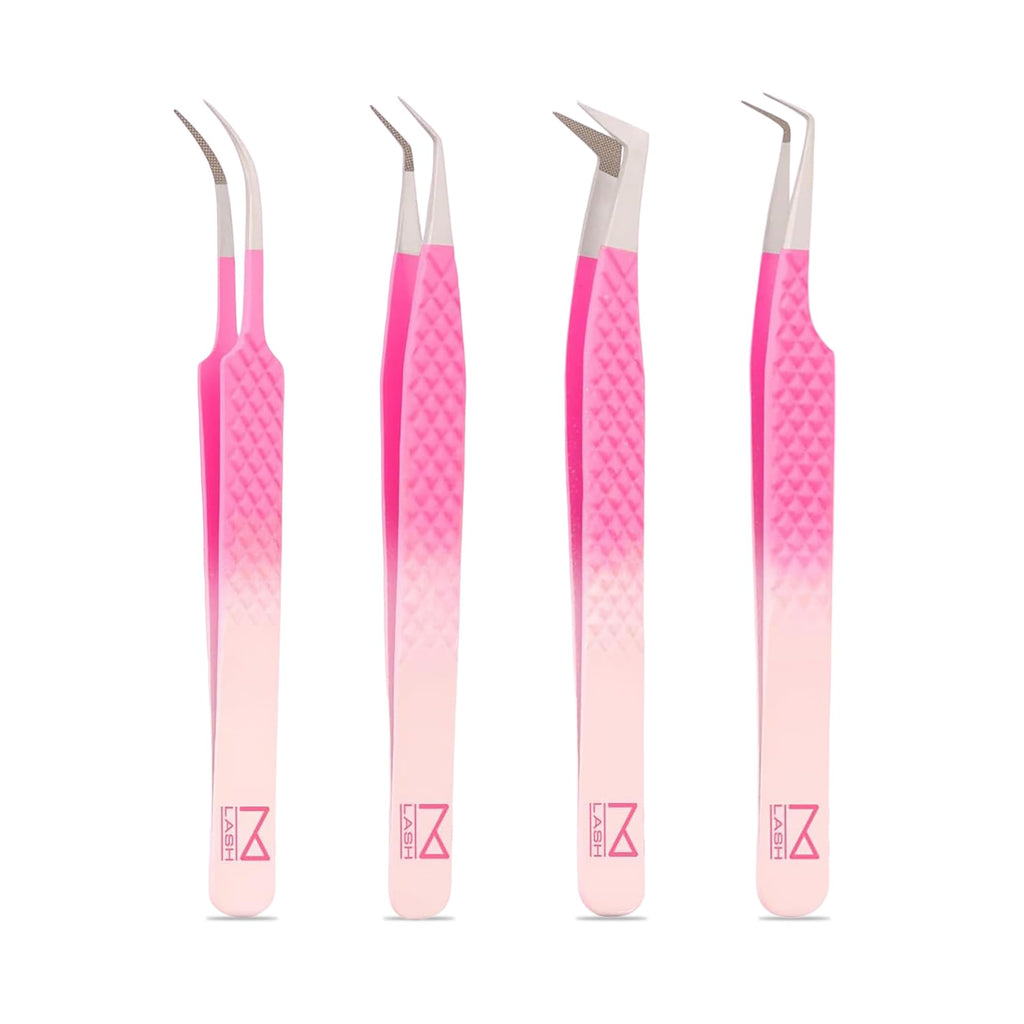 M LASH Tweezers for Eyelash Extensions (Set of 4) - Professional Lash Extension Tweezers - Fiber Tip, Japanese Steel, Diamond Grip Eyelash Extension Tweezer set (Lilac)