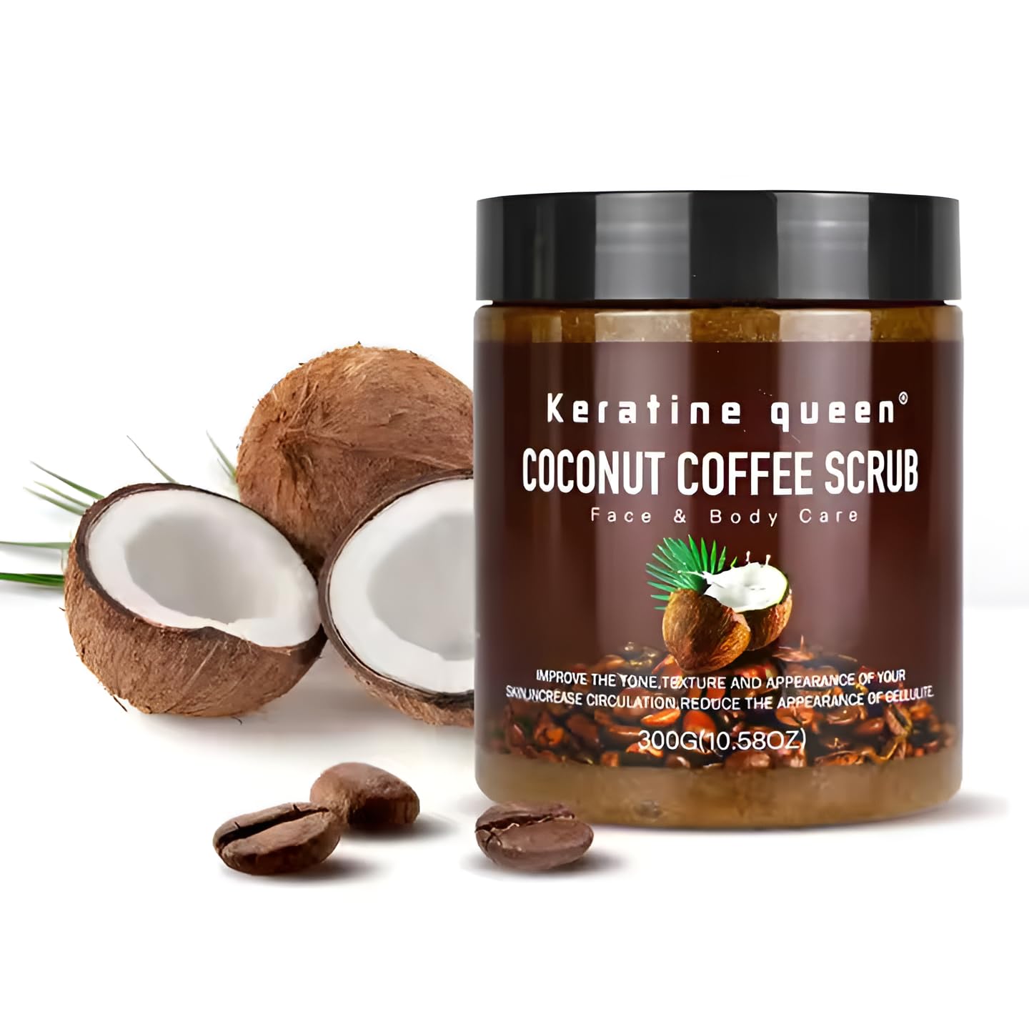 Keratine Queen Face & Body Scrub, Coconut Coffee (10.58 oz) – Exfoliating & Moisturizing Blend with Premium Coffee Grounds and Coconut Oil for Smooth, Radiant Skin