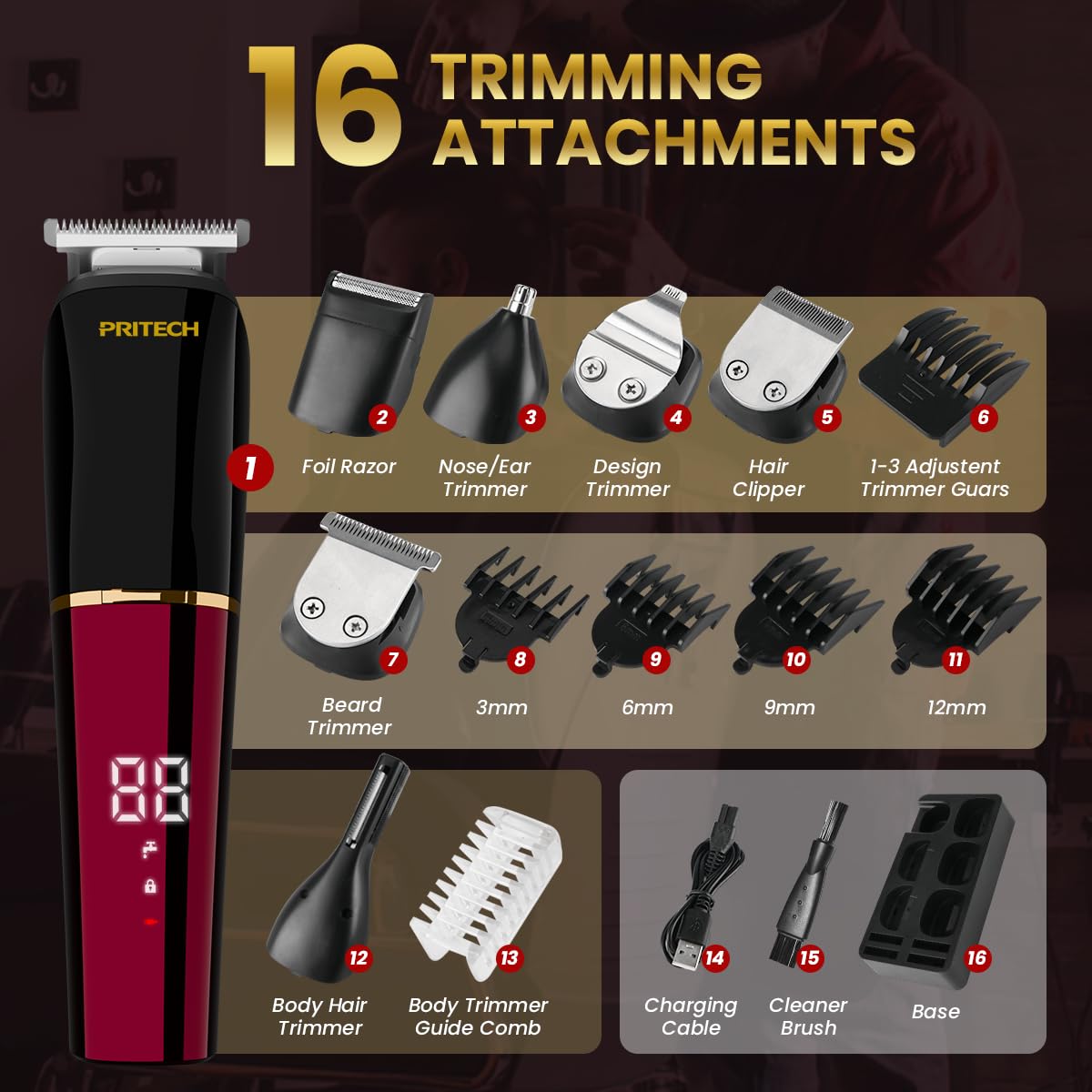 PRITECH Men's Grooming Kit, 6-in-1 Beard Trimmer & Hair Clipper, Cordless