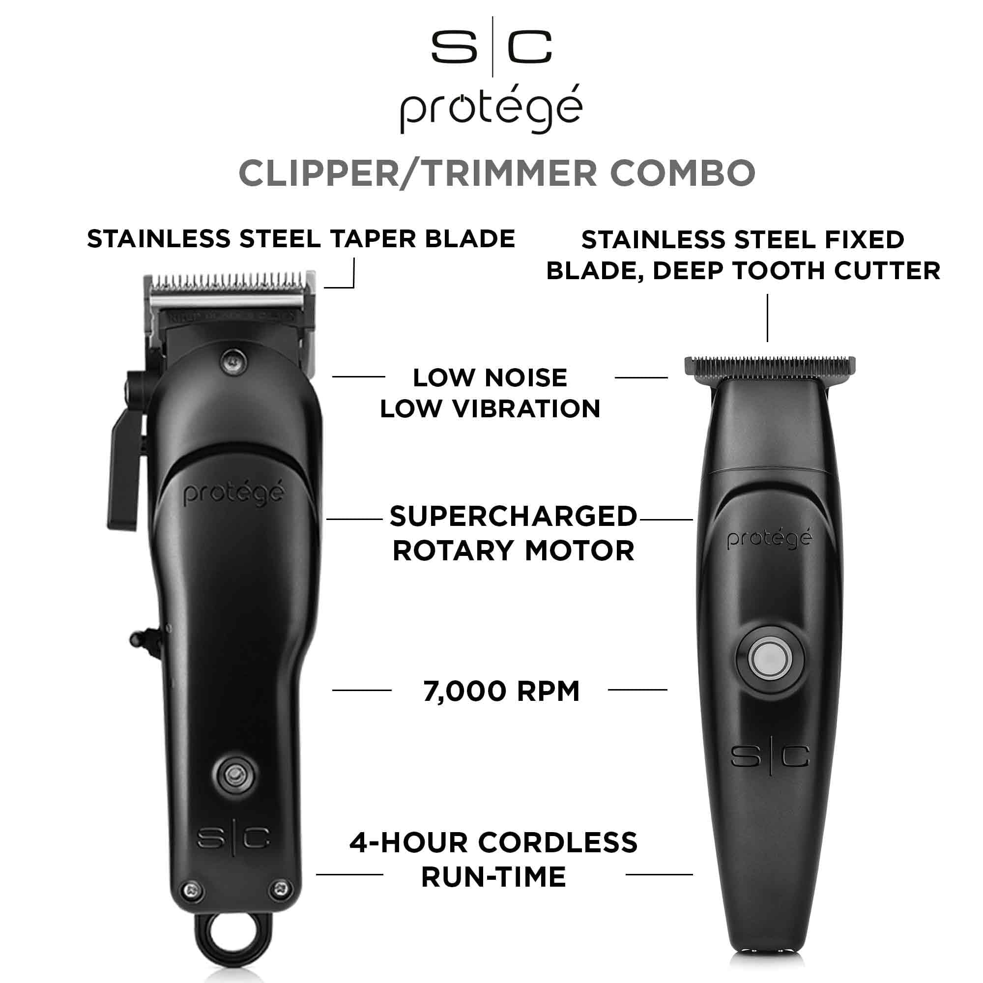 Stylecraft Protege Clipper and Trimmer Combo 2 Piece Set, Stainless Steel Blades, 5 Guards Included, Matte Metallic Black