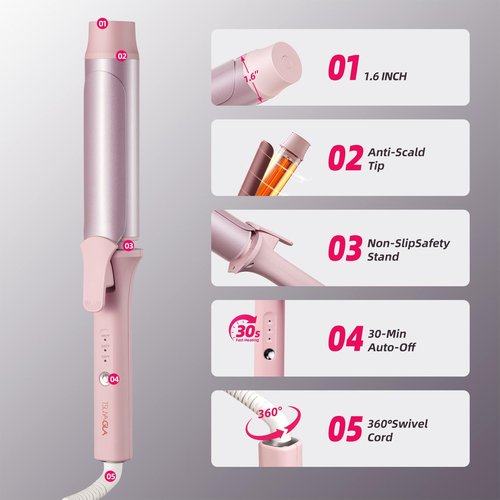 TSUYAGLA Large Hair Curling Wand, 1.6 Inch Big Barrel Curling Iron, 43 Million Ionic Ceramic Curler with 3 Temp, Auto Shut-Off, Long Barrel Curling Wand for Long Hair, Dual Voltage, Pink