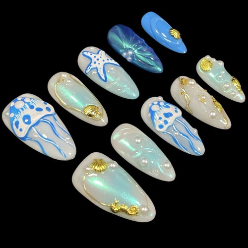 Ocean Theme Press On Nails, Medium Almond Shape, 3D Jellyfish Design with Pearls and Seashells, Summer Vacation False Nails (Blue Ocean, M)