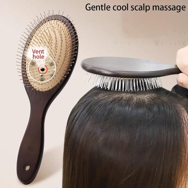 Skiennix Wooden Paddle Hair Brush - Anti-Frizz Metal Detangling Comb for All Hair Types | Scalp Massage, Wet/Dry Use