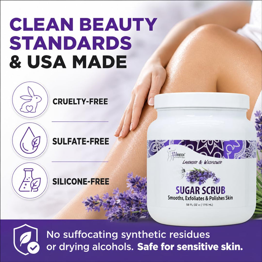 SPA REDI Sugar Body Scrub – Lavender & Wildflower Exfoliating Treatment for Feet, Heels & Body | Hyaluronic Acid, Panthenol, Cruelty-Free, Sulfate-Free | Professional Salon & Home Use | 58 oz