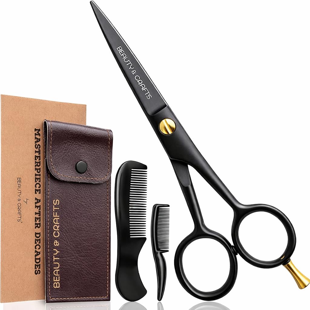 5'' German Beard Mustache Scissor- 2 Mustache Combs for Facial Hair with Beautiful Pouch -Beard Trimming Scissors for Grooming, Cutting, and Styling of Mustache (J2 5'' Satin)