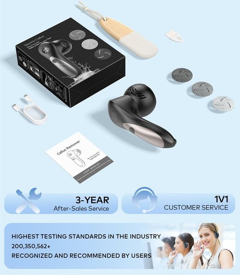 Rechargeable Electric Callus Remover for Feet with Vacuum, Pumice Stone Foot File for 100% Full Foot Care Coverage, 2-Speed & 3 Grinding Heads, Ideal Gift for Dead, Hard Cracked Dry Skin, Black