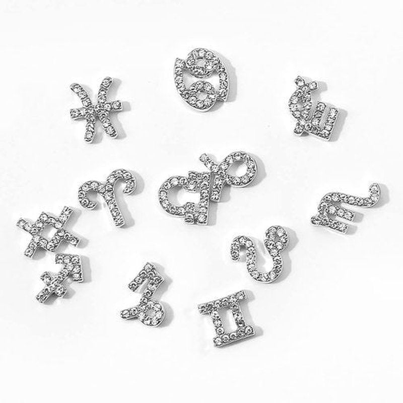 SILPECWEE 36pcs Zodiac Nail Charms 3d Silver Zodiac Sign Nail Letters Flat Back Nail Rhinestones Gold Nail Dangle Jewels Constellation Nail Art Charms Hollow Nail Studs Alloy Nail Decoration