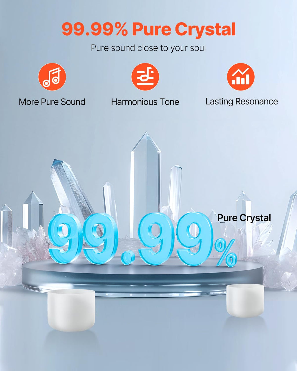 VEVOR Crystal Singing Bowl, 8-inch F Note Heart Chakra Singing Bowl, Portable Frosted Quartz Singing Bowl with Rubber Mallet, O-Ring and 8" Carrying Bag, Perfect for Meditation Yoga Sound Healing Bath