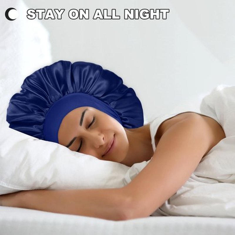 2 Pcs Extra Large Satin Hair Bonnet for Sleeping Cap 17 inches Jumbo Silk Sleep Bonnet for Women (Black & Blue)