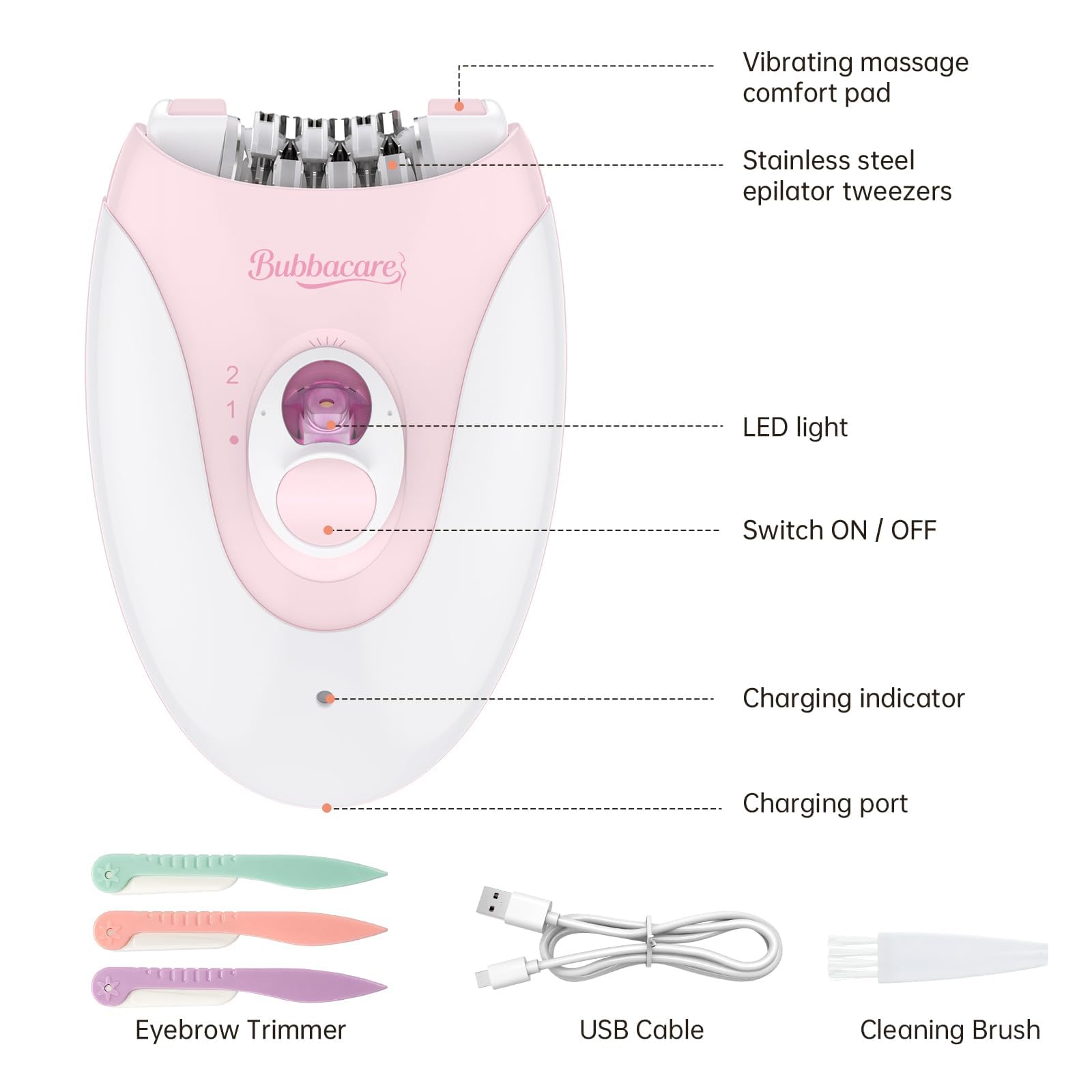 Epilator, Epilators Hair Removal for Women - 2-Speed Epilator with 36 Tweezers & Massage Pad, Rechargeable LED Hair Removal Device for Face/Bikini/Arms/Legs/