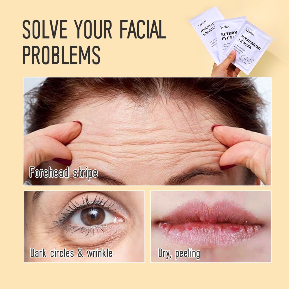 Yeokoe Forehead Wrinkle Patches,Under Eye Patches and Lip Mask 30 PCS. Face Masks Skincare With Retinol Serum For Anti-aging Puffy Eyes and Dark Circles