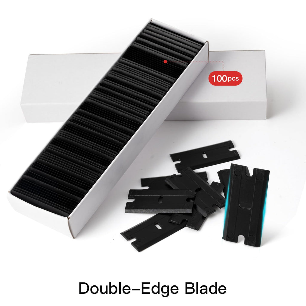 NEWISHTOOL 2 Pcs Long Handle Plastic Razor Blade Scraper With 100 PCS Spare Replacement Blades, Sticker Remover Glue Residue Tool for Hard to Reach Corner