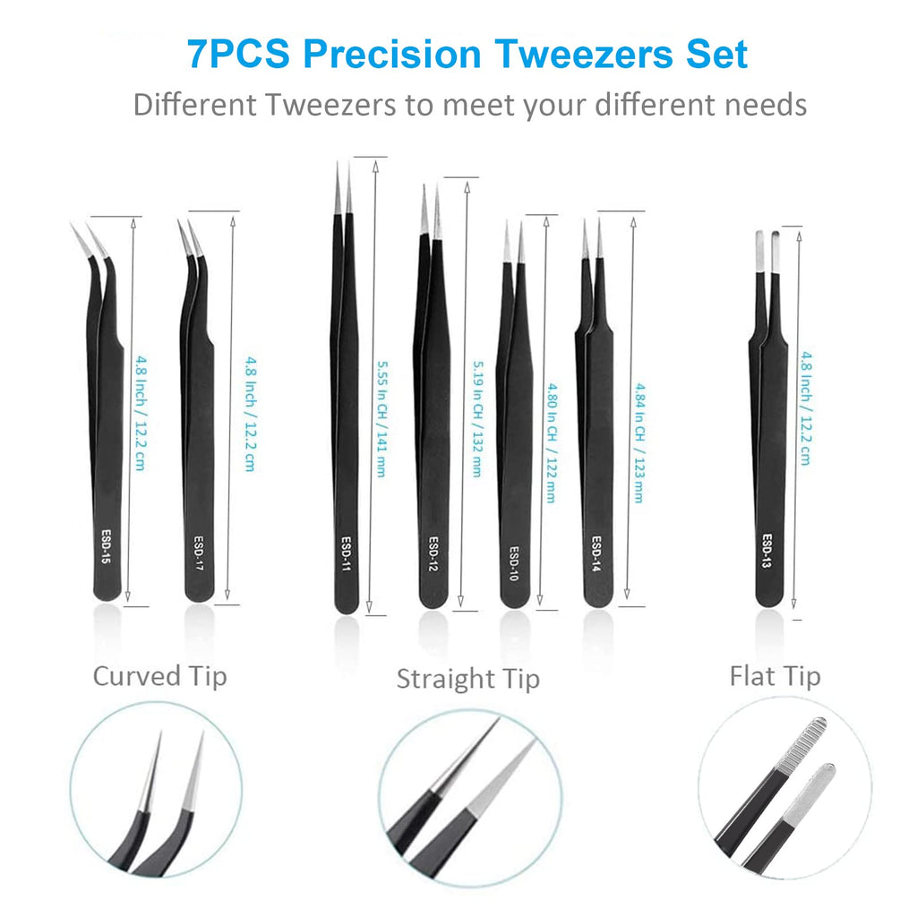 YHYZ 7pcs Precision Tweezers Set, Premium Anti-Static Stainless Steel ESD Tweezers Set Kit for Electronics, Sodlering, Jewelry, Craft, Laboratory Work, DIY (7PCS, Version) (7PCS, Version)