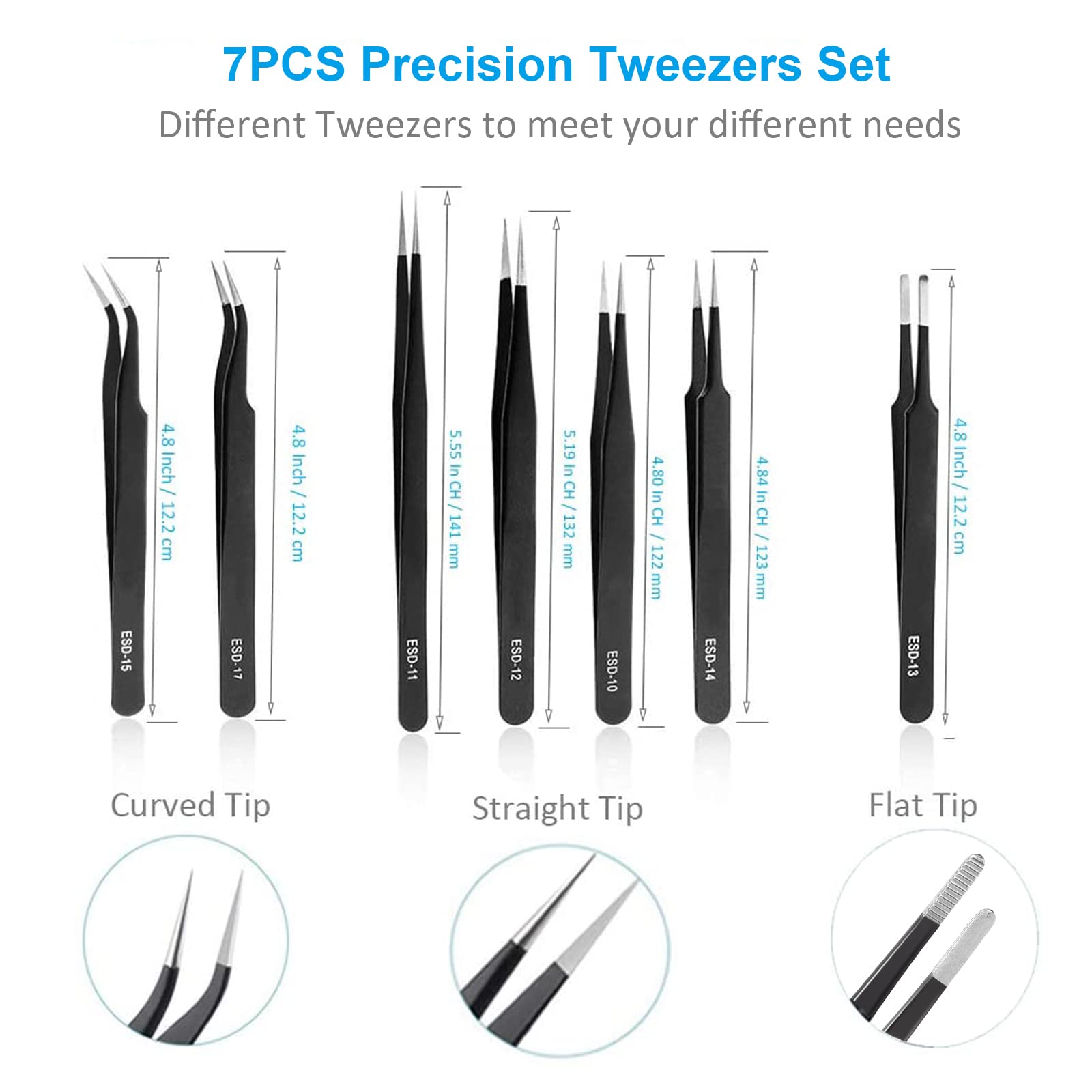 YHYZ 7pcs Precision Tweezers Set, Premium Anti-Static Stainless Steel ESD Tweezers Set Kit for Electronics, Sodlering, Jewelry, Craft, Laboratory Work, DIY (7PCS, Version) (7PCS, Version)