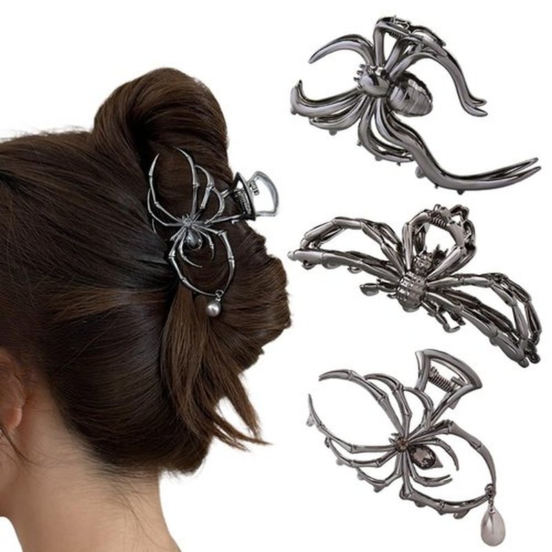 Halloween 3PCS Spider Hair Claw Clips Hair Accessories for Women Girls, Gothic Black Metal with Pearl Charms Large Medium Size Catch Clips for thick Hair Styling Tool Holiday Gifts(Black Gun)