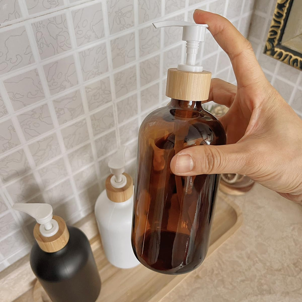 2PCS 500ML/16.6 oz Empty Refillable Brown Glass Pump Bottles Container Holder Vials Pot Storage with Bamboo Screw Pump Head for Bath Shower Shampoo Hair-Conditioner Cleanser Makeup Liquid