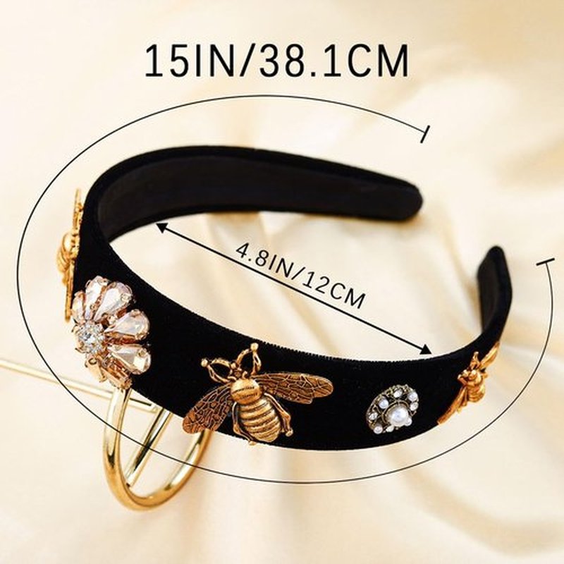 Coridy Black Baroque Headband Pearl Rhinestones Hairband with Beaded Hair Ties Handmade Velvet Hair Hoop Wide Head Band for Women (Bee)