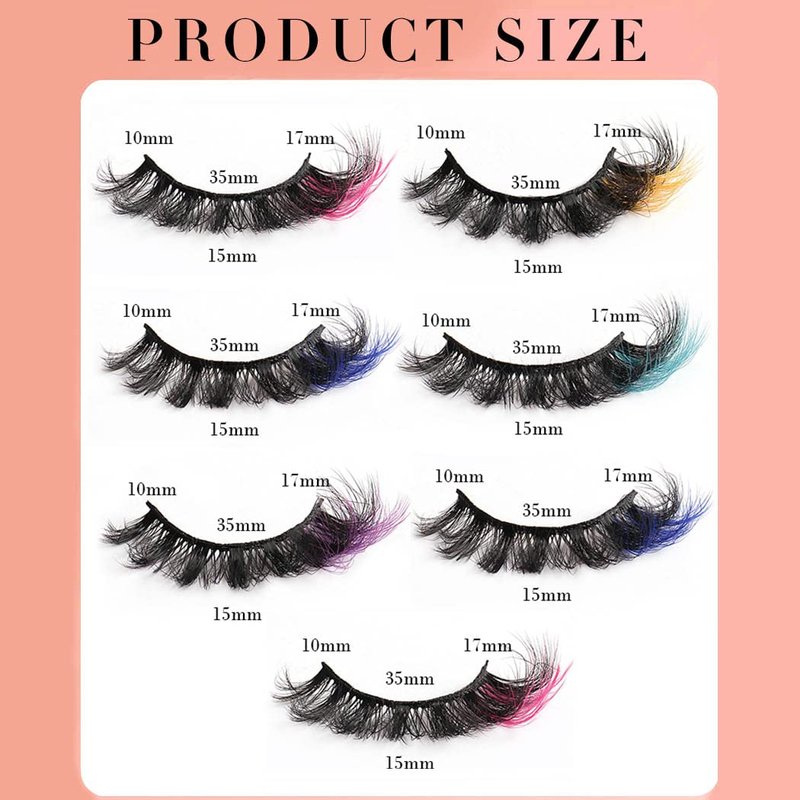 Uranian Colored False Eyelashes Mink Lashes with Color D Curl Fluffy Long Extensions Strip Dramatic Faux Eyelashes 7 Pairs Colorful Lashes Volume Fake Eyelashes for Women