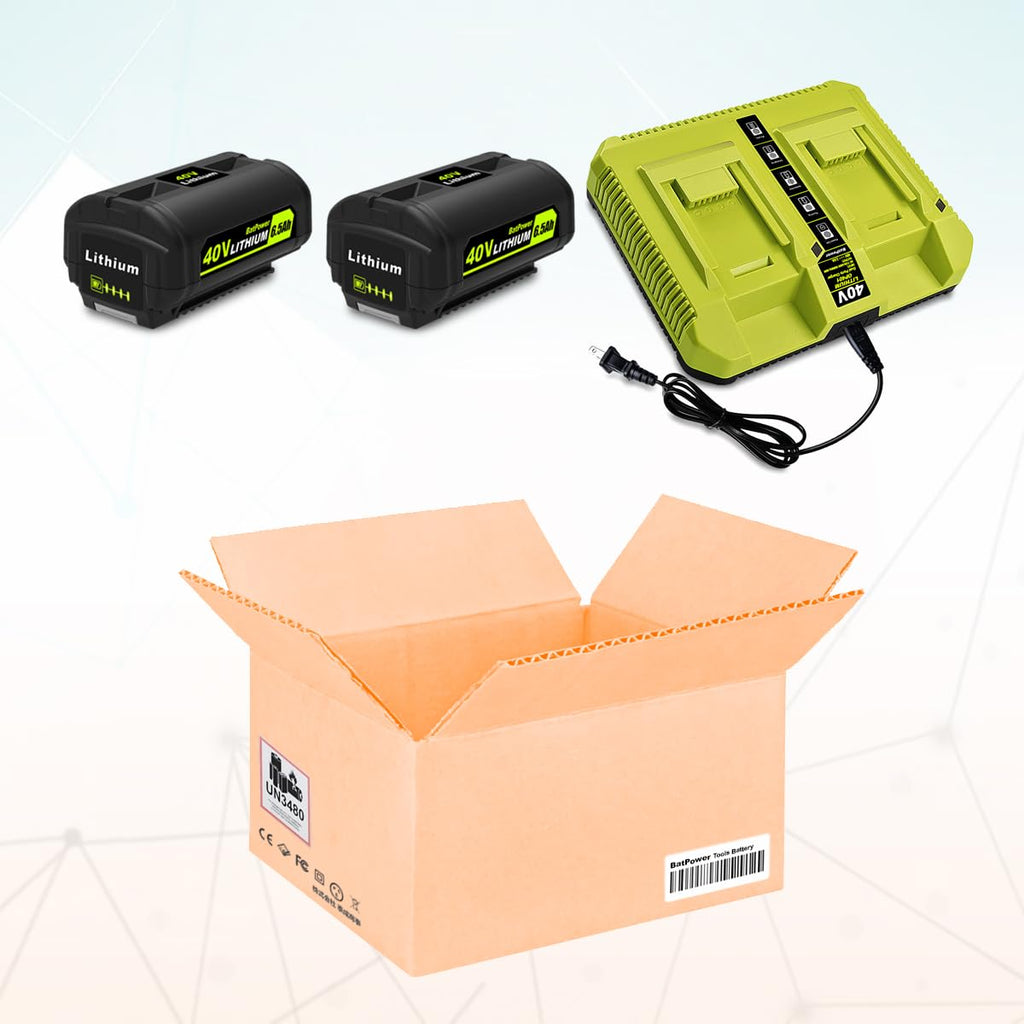 BatPower 2-Pack 40V 6.5Ah Lithium-Ion Replacement Battery and Charger Starter Kit Compatible with Ryobi 40V System, High Capacity Batteries and Charger OP4050A OP401 (3-Piece Set)