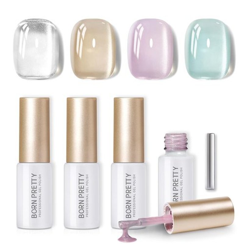 Born Pretty Cat Magnetic Eye Gel Nail Polish Water Light Cat Magnetic Eye Jelly Glass Crystal Gel Polish Glitter Shimmer Auroras Gel Nail Polish LED Gel Nail Art Manicure Kit 4PCS