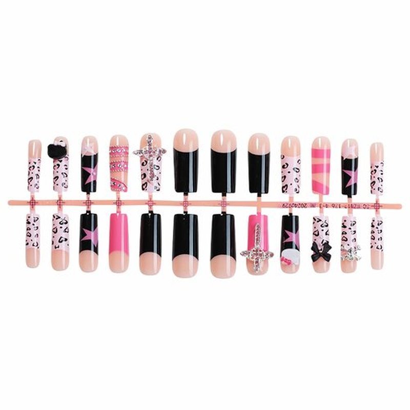 MISUD Press on Nails - Long Square Glue on Nails with Pink Black Cheetah, Acrylic Y2K Cross Design 24 pcs
