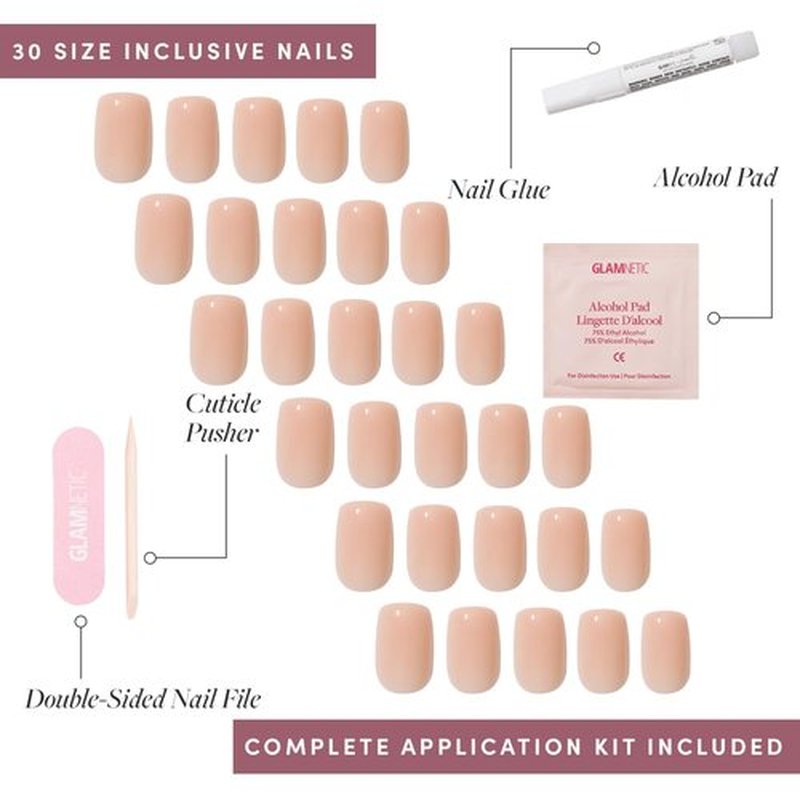 Glamnetic x GLAMZILLA Press On Nails - Short Squoval Nude Fake Nails | Salon Quality, 30 Nail Kit with Glue, 15 Sizes