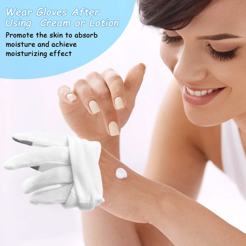 100% Cotton Moisturizing Gloves 4 Pairs, Touch Screen Friendly Cotton Gloves with Wristband and Washing Bag for Overnight Bedtime Eczema Dry Sensitive Irritated Skin Spa Therapy, Medium