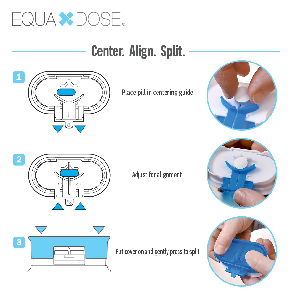 EQUADOSE Pill Cutter, Double Stainless Steel Blade & Centering Device, Blue
