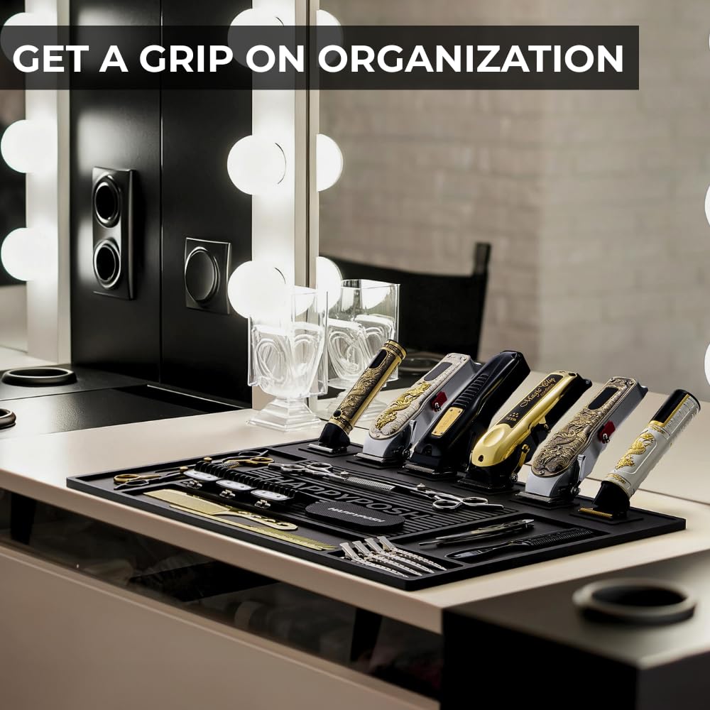 HAPPYPOSH Magnetic Barber Mat for Clippers, 20" x 14" Large Barber Station Organizer with 6 Strong Magnets, Non-Slip Heavy-Duty Rubber Mat, Keeps Tools Secure & Organized.Black