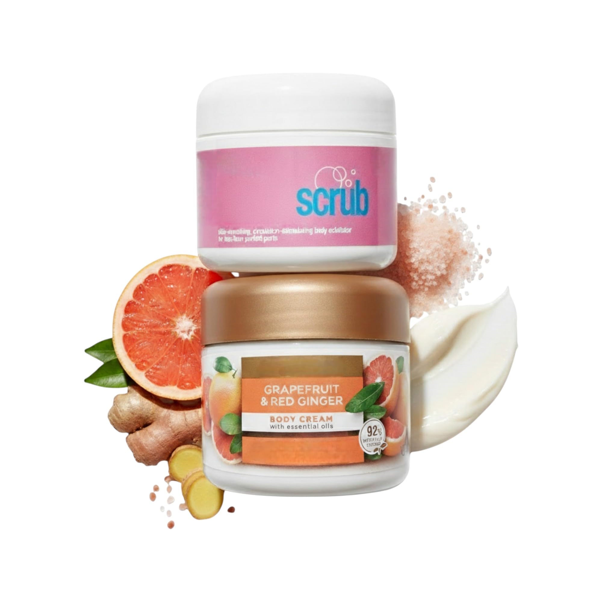 Naturally Inspired Himalayan Pink Body Scrub And Grapefruit Red Ginger Cream Duo, Sugar Scrub Body Exfoliator Set For Smooth, Nourished, Hydrated Skin