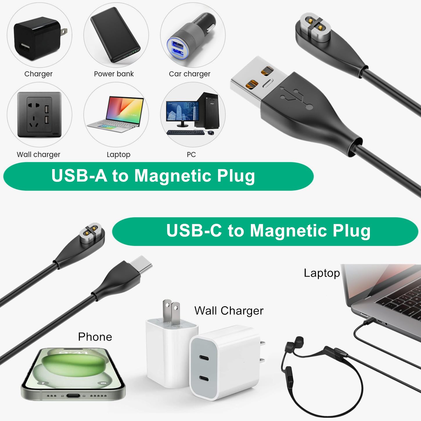 weishan 2-Pack Charging Cable for Aftershokz Aeropex AS800,Shokz OpenRun Pro,OpenRun,OpenRun Mini,OpenComm Bone Conduction Headphones - USB and USB C to Magnetic Charger Cords, 3.3ft