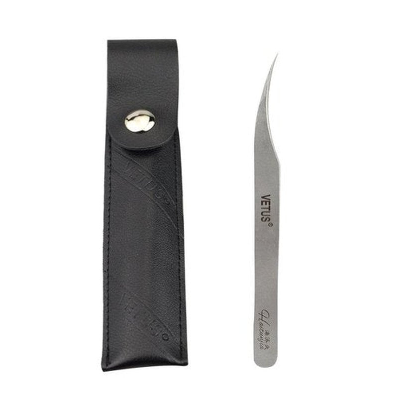 Qeelasee 1 PC Dolphin Tweezers, Stainless Steel, Anti-Magnetic & Anti-Static, Hard & High-Precision, Curved, Black Leather Case, False-Eyelashes Tweezers