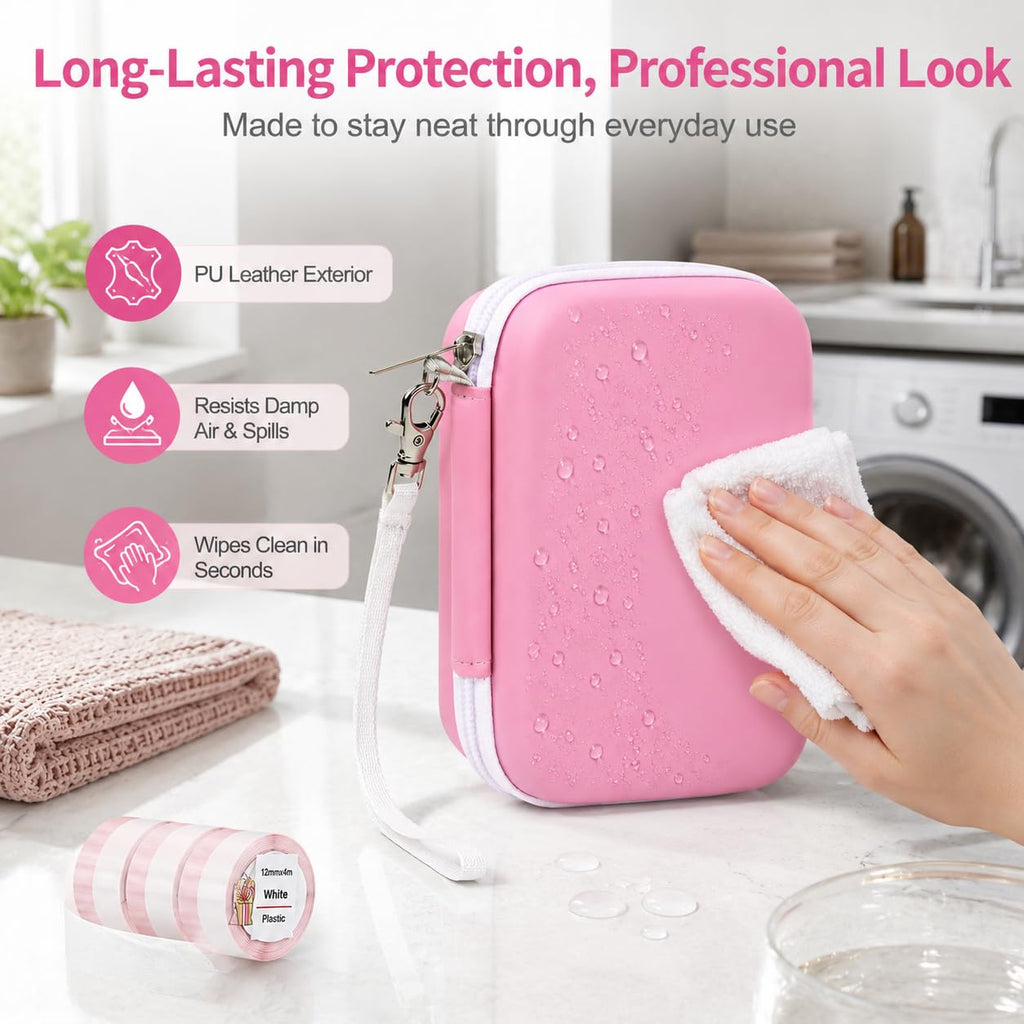 PAIYULE Hard Carrying Case for Phomemo D30 D35 Label Maker, Label Printer Case for Nelko P21, for NIIMBOT D110 D11, for Marklife P11 P12, for SUPVAN E10, Protective Storage Bag with Mesh Pocket (Pink)