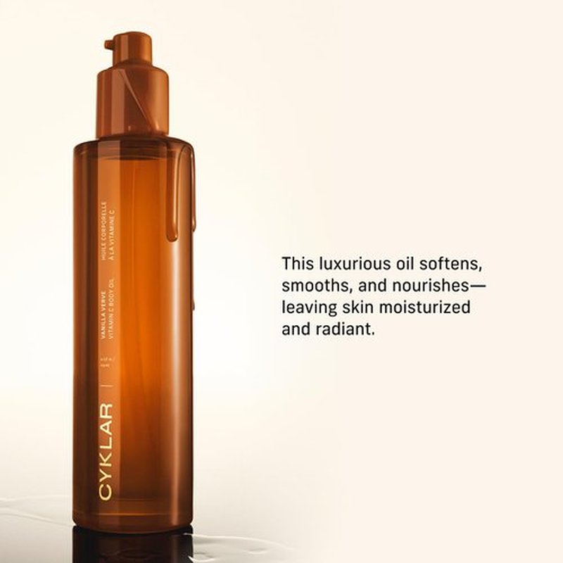 CYKLAR Vitamin C Body Oil for Women and Men. Moisturizing Vanilla Verve Scented Body Serum for Glowing Skin. Nourishing, Hydrating After-Shower and Bath Skin Care Moisturizer, 4.2 Fl Oz