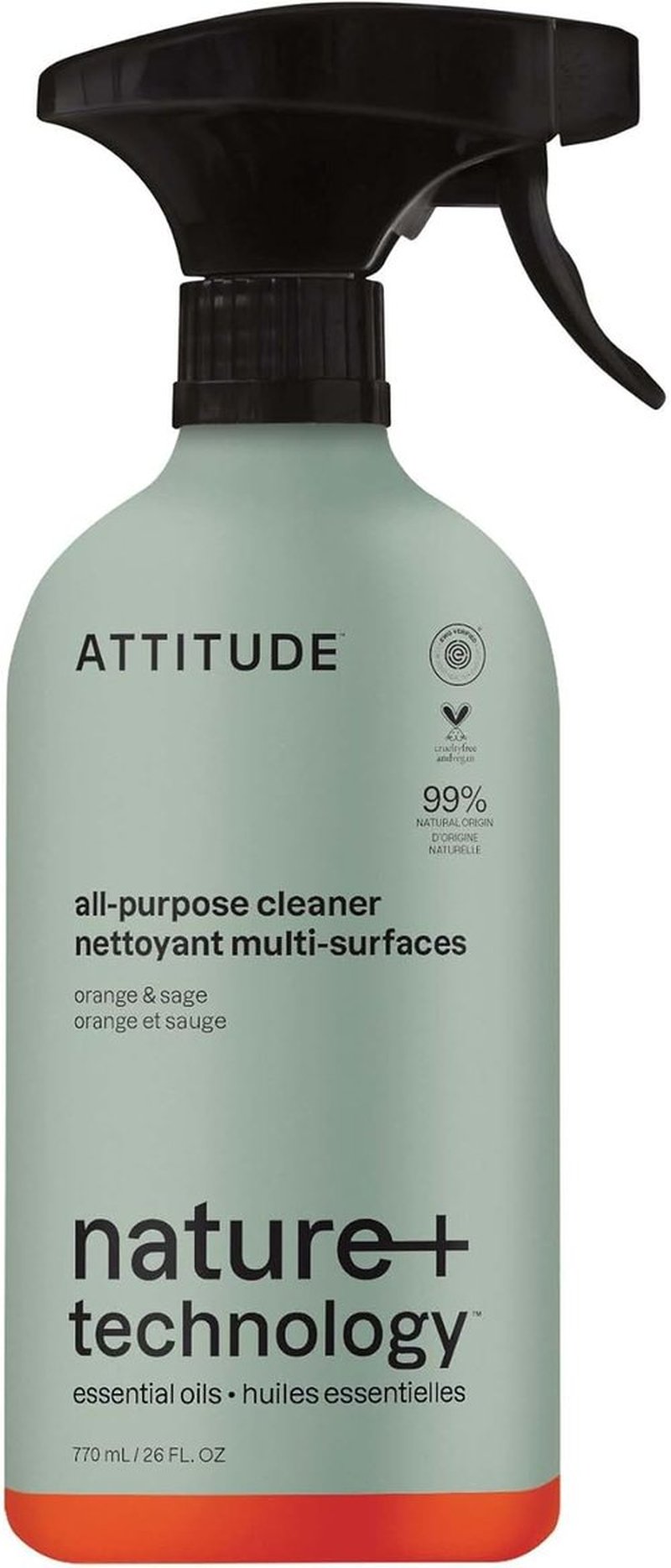 ATTITUDE All-Purpose Cleaner Spray - Plant-Based, EWG Verified, Streak-Free, Sage & Orange, 26 Fl Oz