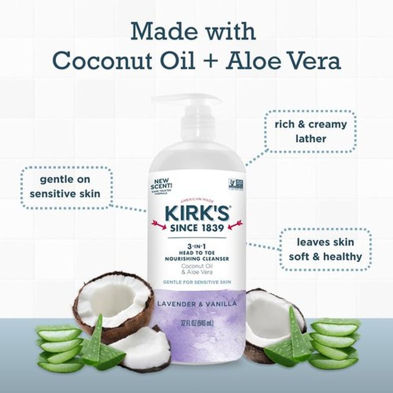 Kirk's 3-in-1 Head to Toe Nourishing Liquid Cleanser- for Men, Women & Children - Premium Coconut Oil & Aloe Vera- Non GMO & Vegan - Lavender and Vanilla - 32 Fl Oz. - 2 Pack